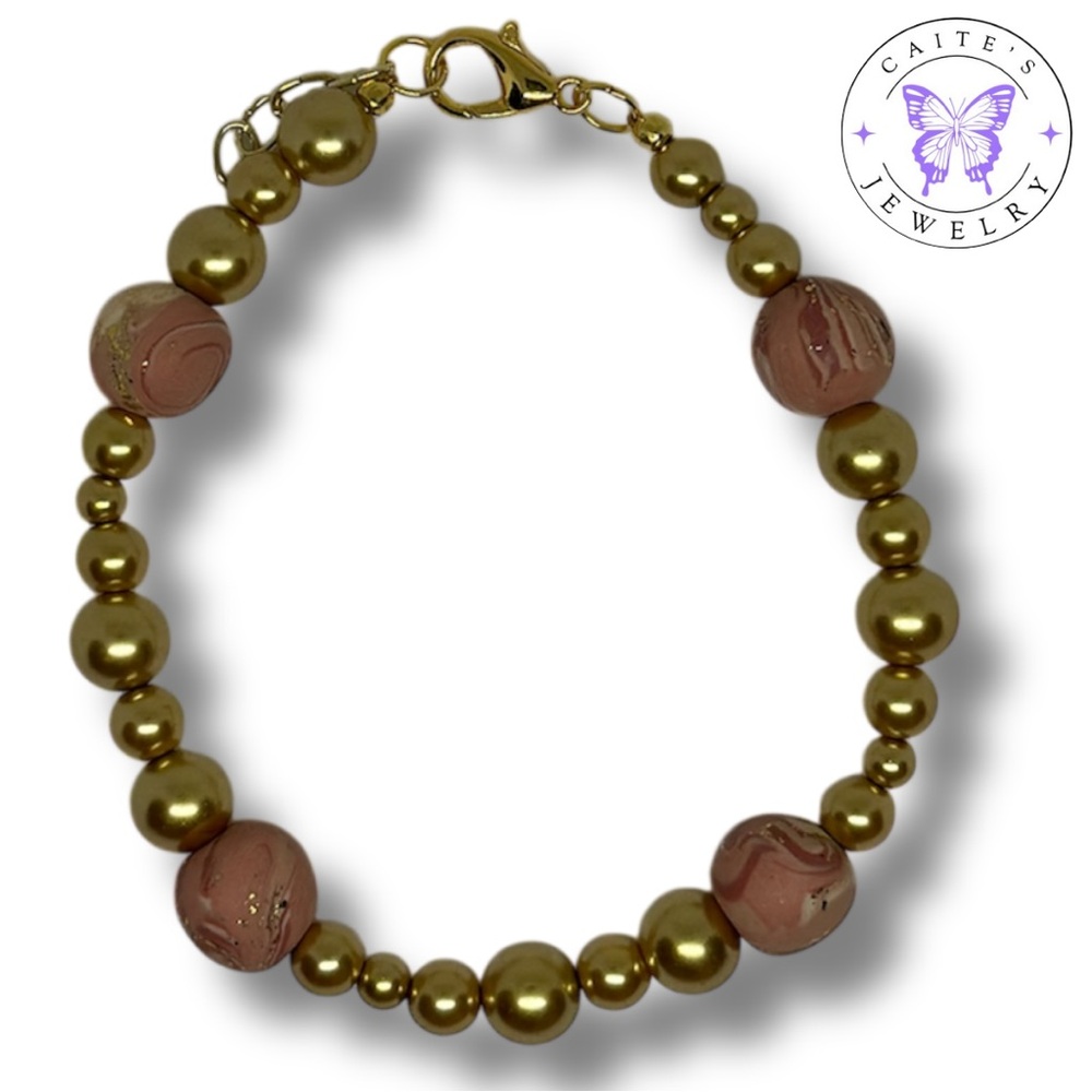 Handmade Gold Wire Bracelet with Pink & Gold Splatter Beads